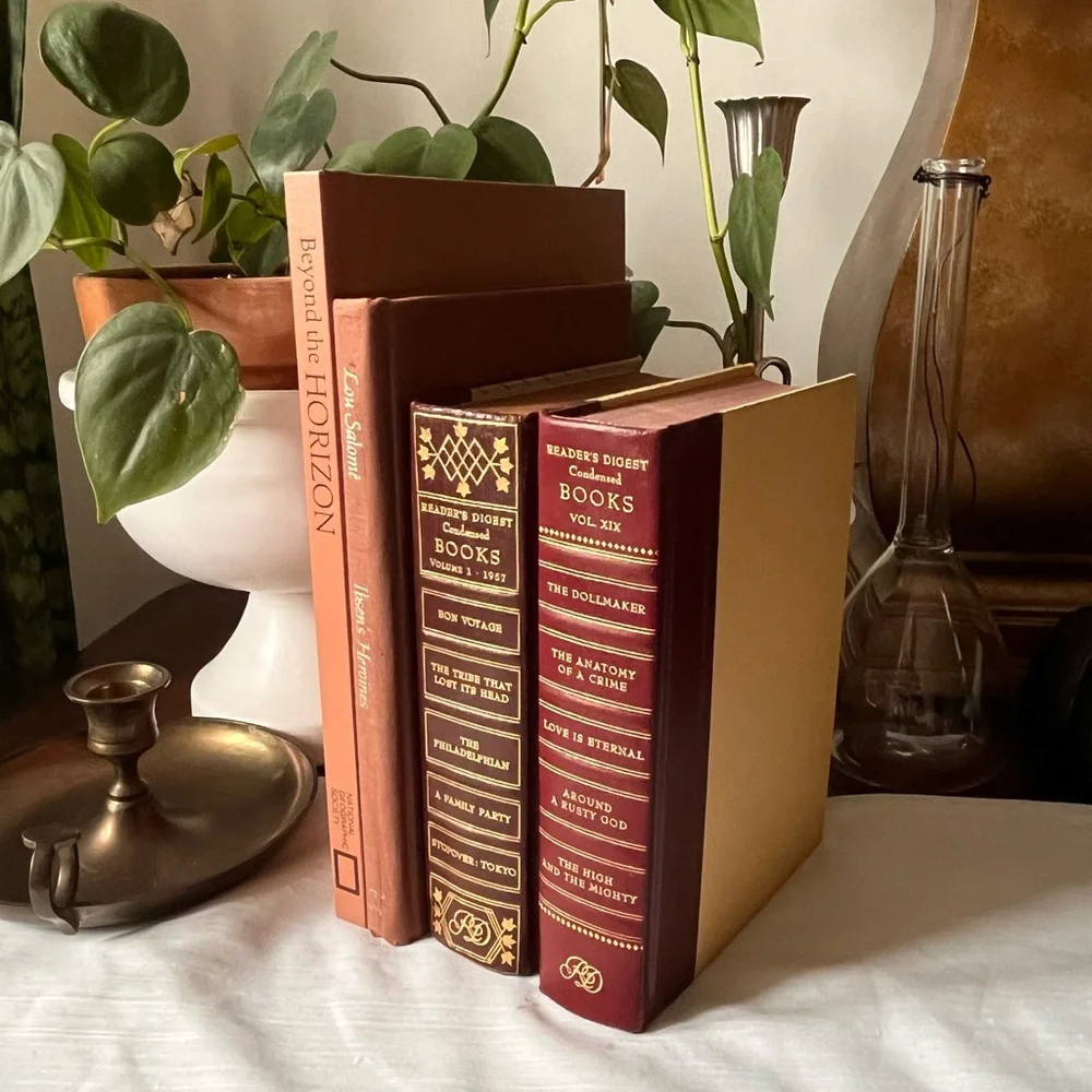 Curated Book Stack Set Decorative Vintage Hardcover Shelf Filler Brown Warm Red